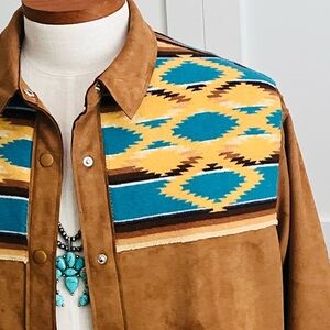 Faux Suede Long Brown and Teal Southwestern Serape Wool Jacket